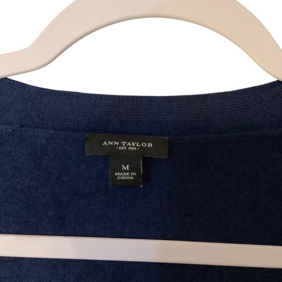 Ann Taylor Navy Extra Fine Merino Wool Cardigan Sweater Button Up Women Medium - Picture 2 of 7